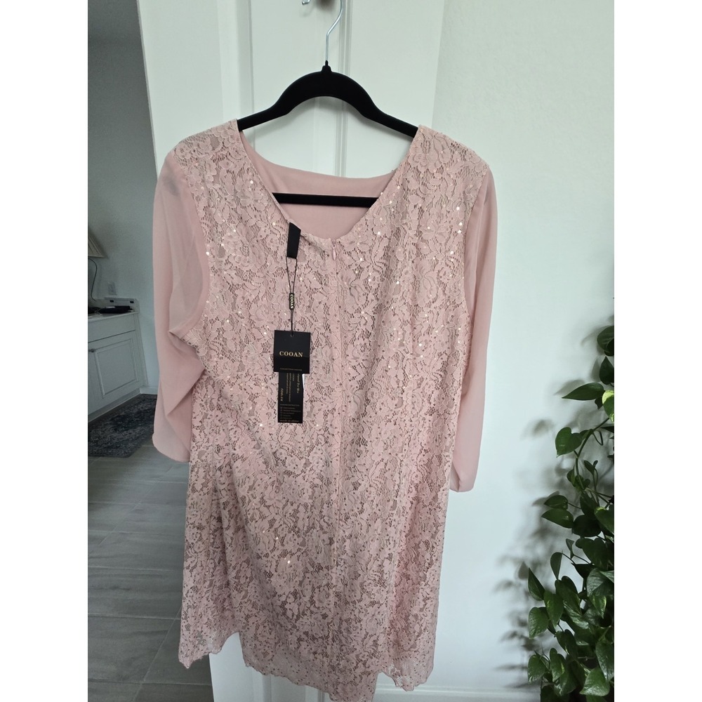 COOAN Womens Lace Chiffon Split-Sleeve Sequin Cocktail Dress Pink 2XL NEW14B0410